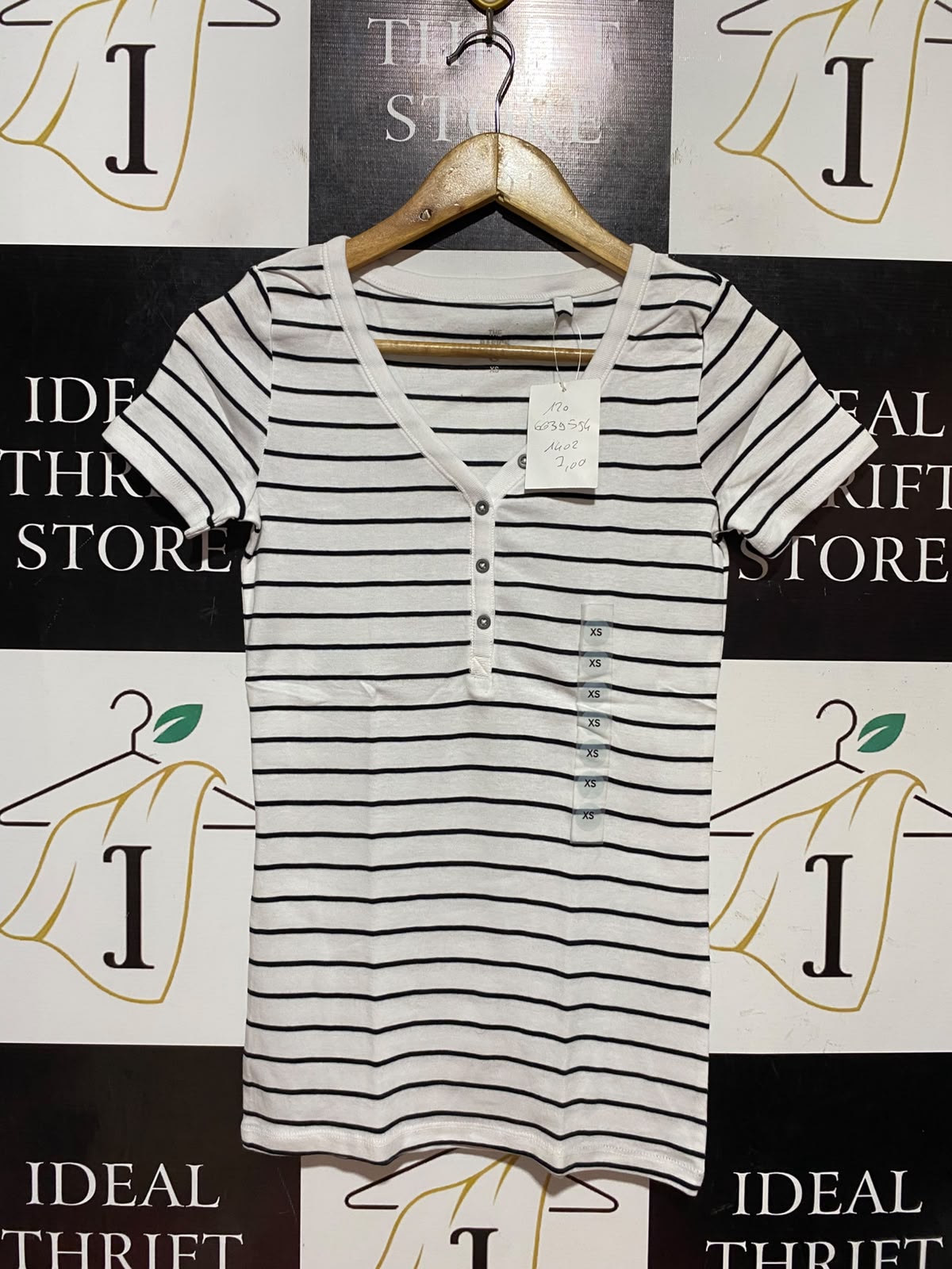 THE BASICS |XS| BUST 14| B46| STRIPED HENLEY T-SHIRT WHITE WITH BLACK STRIPES SHORT SLEEVE