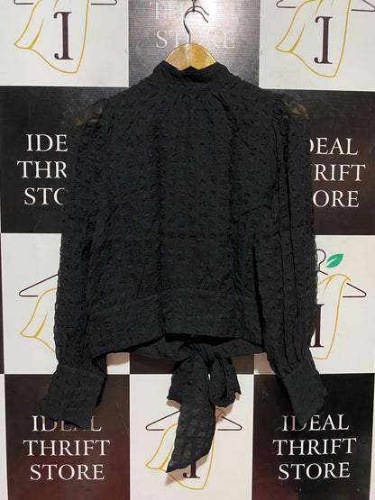 H&M |L| BUST 19| B46| BLACK TEXTURED BLOUSE LONG SLEEVE HIGH MOCK NECK DEEP V CUTOUT TIE FRONT CROP TOP