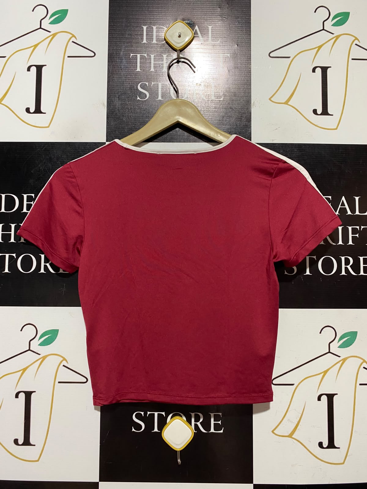 PRIMARK |S| BUST 14| B46| RINGER T-SHIRT DARK RED GRAPHIC BABY TEE NUMBER 86 CROP TOP