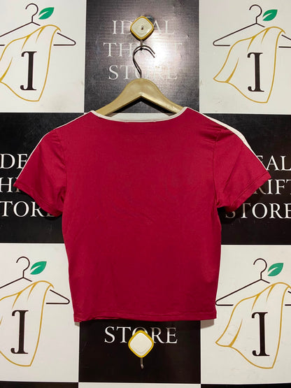 PRIMARK |S| BUST 14| B46| RINGER T-SHIRT DARK RED GRAPHIC BABY TEE NUMBER 86 CROP TOP