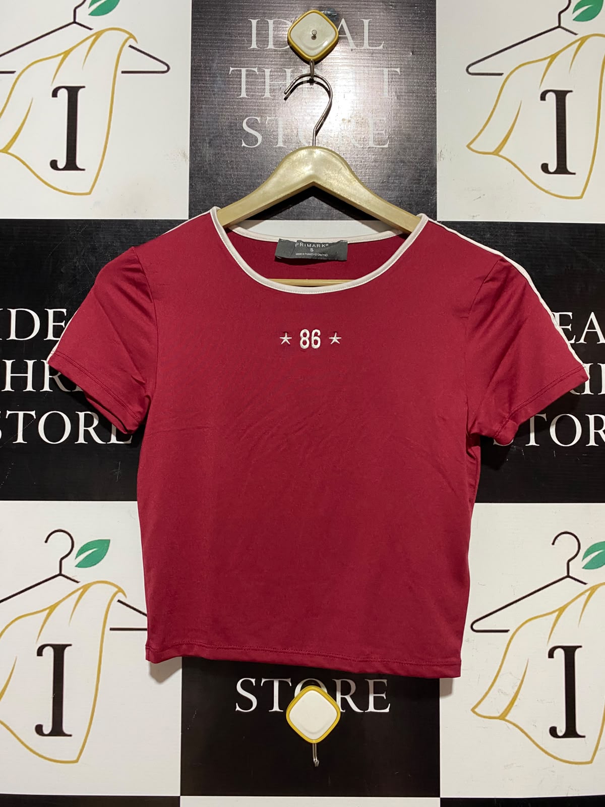 PRIMARK |S| BUST 14| B46| RINGER T-SHIRT DARK RED GRAPHIC BABY TEE NUMBER 86 CROP TOP