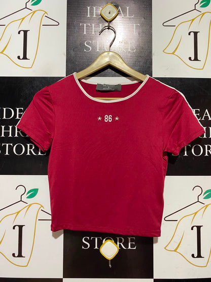 PRIMARK |S| BUST 14| B46| RINGER T-SHIRT DARK RED GRAPHIC BABY TEE NUMBER 86 CROP TOP