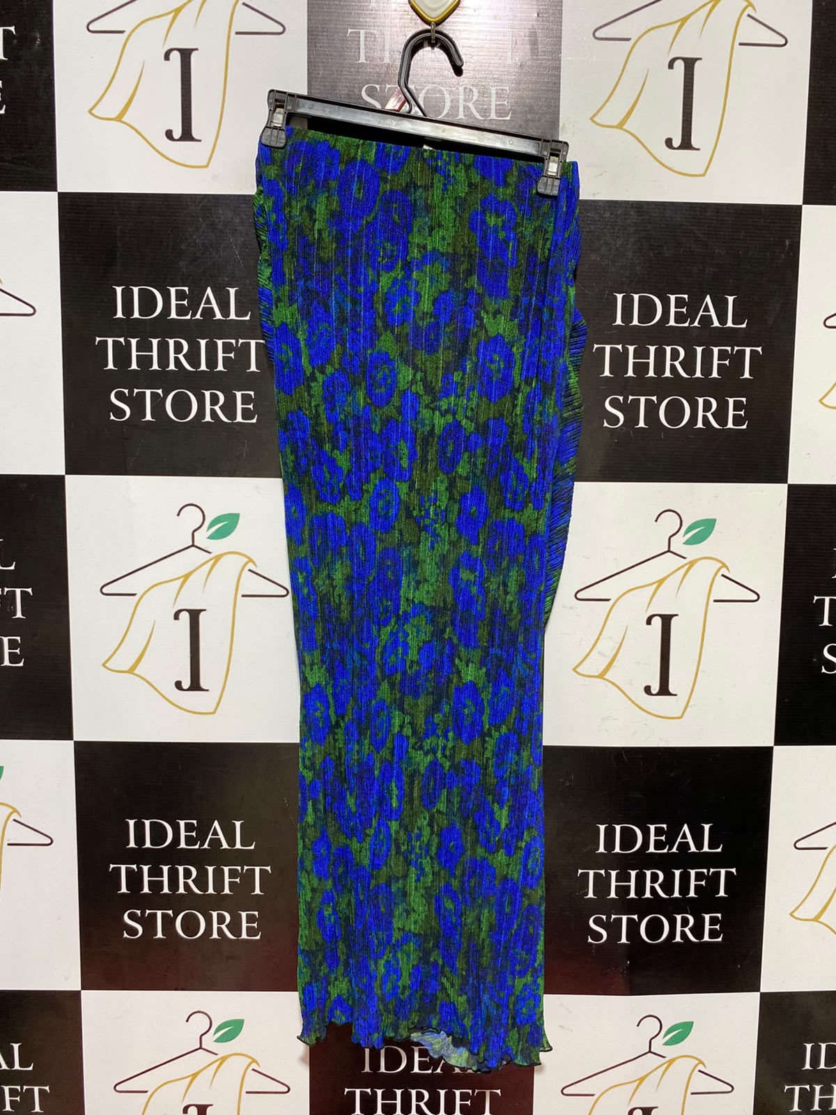 TOP SHOP |XS| WAIST 24| B46| BLUE AND GREEN FLORAL ABSTRACT PLISSE RUCHED MIDI SKIRT