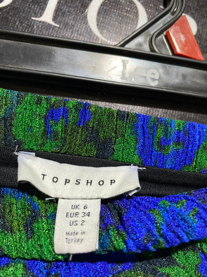 TOP SHOP |XS| WAIST 24| B46| BLUE AND GREEN FLORAL ABSTRACT PLISSE RUCHED MIDI SKIRT