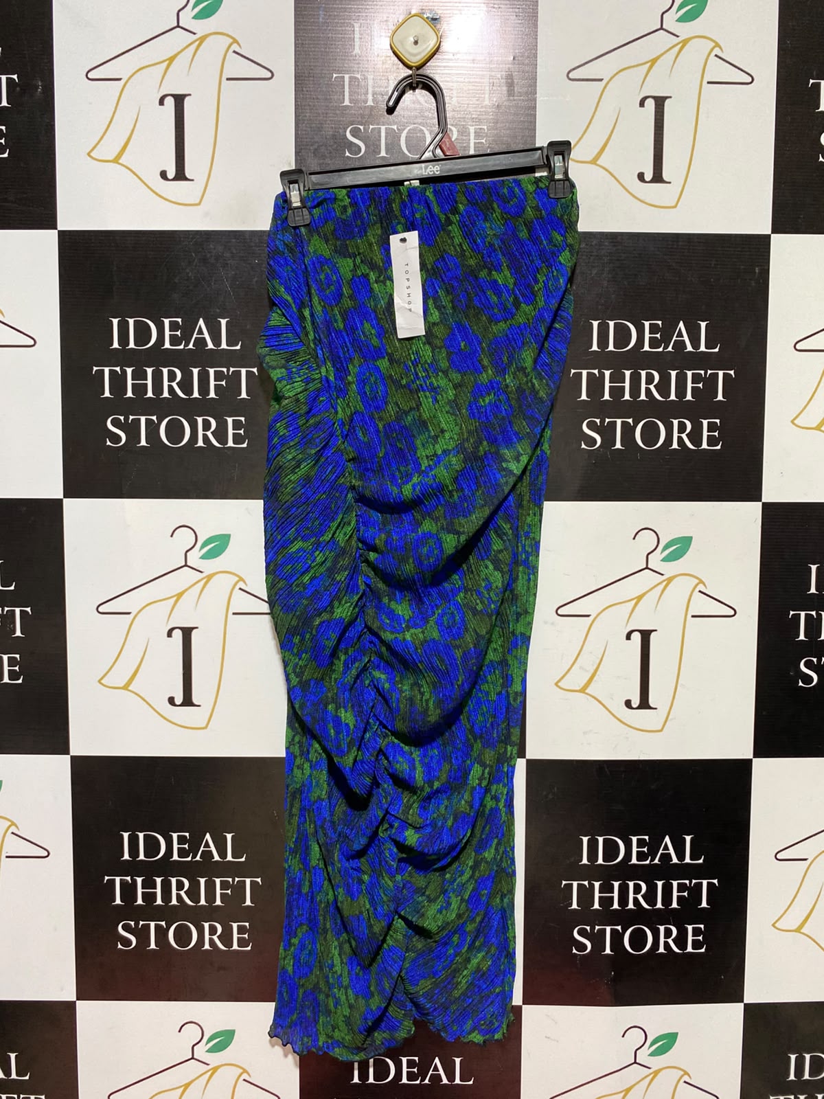 TOP SHOP |XS| WAIST 24| B46| BLUE AND GREEN FLORAL ABSTRACT PLISSE RUCHED MIDI SKIRT