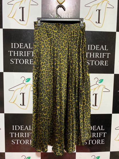 PRIMARK |S| WAIST 26| B46| OLIVE GREEN AND BLACK LEOPARD ANIMAL PRINT PLEATED MAXI SKIRT