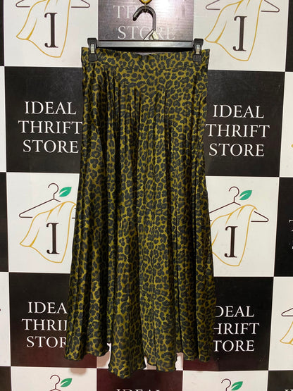 PRIMARK |S| WAIST 26| B46| OLIVE GREEN AND BLACK LEOPARD ANIMAL PRINT PLEATED MAXI SKIRT