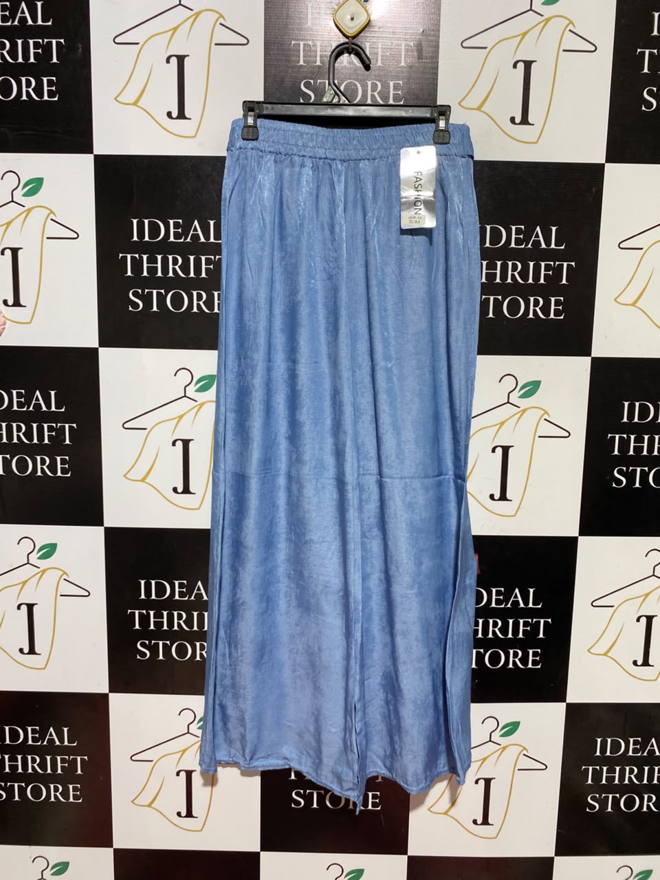 FASHION |M| WIAST 27| B46| LIGHT BLUE SHIMMER SATIN ELASTIC WAIST WIDE LEG TROUSERS PANTS WITH BELT