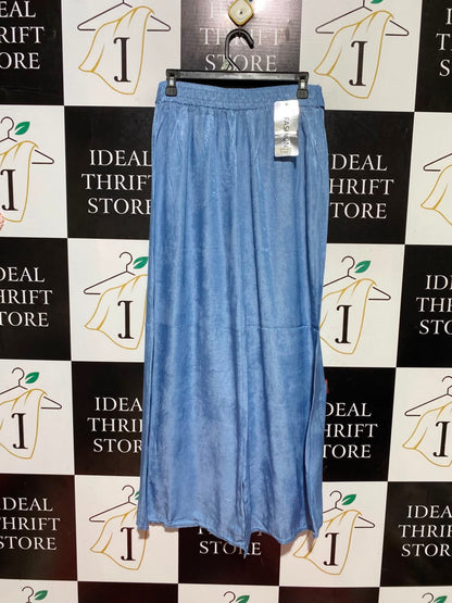 FASHION |M| WIAST 27| B46| LIGHT BLUE SHIMMER SATIN ELASTIC WAIST WIDE LEG TROUSERS PANTS WITH BELT