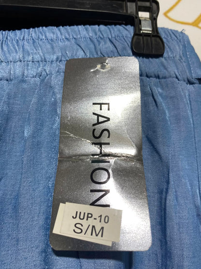 FASHION |M| WIAST 27| B46| LIGHT BLUE SHIMMER SATIN ELASTIC WAIST WIDE LEG TROUSERS PANTS WITH BELT