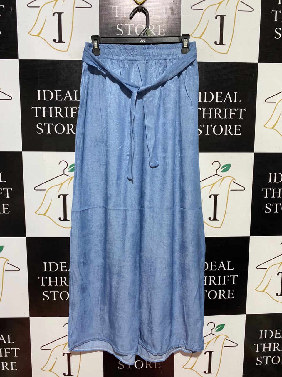 FASHION |M| WIAST 27| B46| LIGHT BLUE SHIMMER SATIN ELASTIC WAIST WIDE LEG TROUSERS PANTS WITH BELT