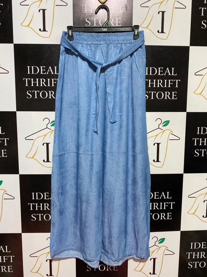 FASHION |M| WIAST 27| B46| LIGHT BLUE SHIMMER SATIN ELASTIC WAIST WIDE LEG TROUSERS PANTS WITH BELT