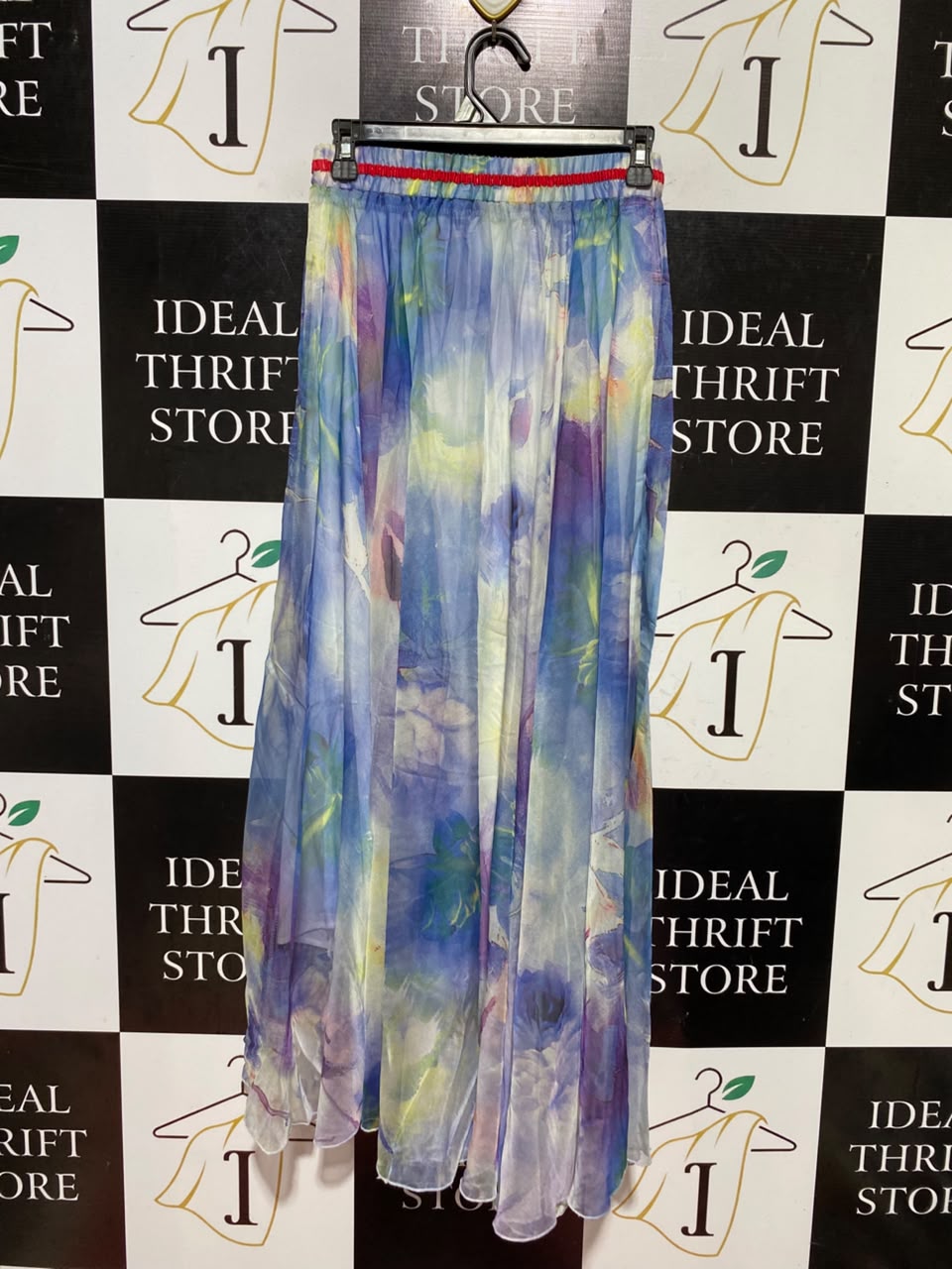 |S| WAIST 25| B46| MULTICOLOR WATERCOLOR ABSTRACT FLORAL SHEER MAXI SKIRT WITH STRIPED WAISTBAND
