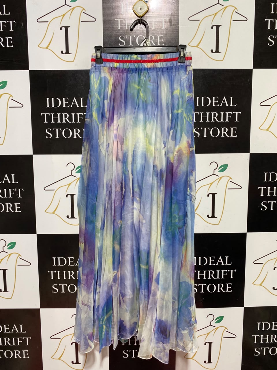 |S| WAIST 25| B46| MULTICOLOR WATERCOLOR ABSTRACT FLORAL SHEER MAXI SKIRT WITH STRIPED WAISTBAND