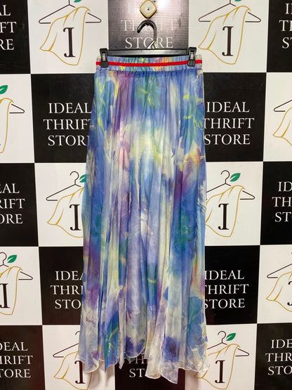 |S| WAIST 25| B46| MULTICOLOR WATERCOLOR ABSTRACT FLORAL SHEER MAXI SKIRT WITH STRIPED WAISTBAND