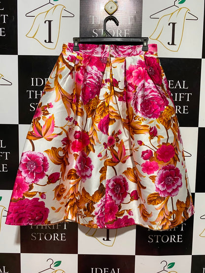 |L| WAIST 30 | B46| VIBRANT PINK AND GOLD FLORAL BOX PLEAT SATIN MIDI A-LINE SKIRT