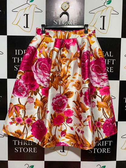 |L| WAIST 30 | B46| VIBRANT PINK AND GOLD FLORAL BOX PLEAT SATIN MIDI A-LINE SKIRT