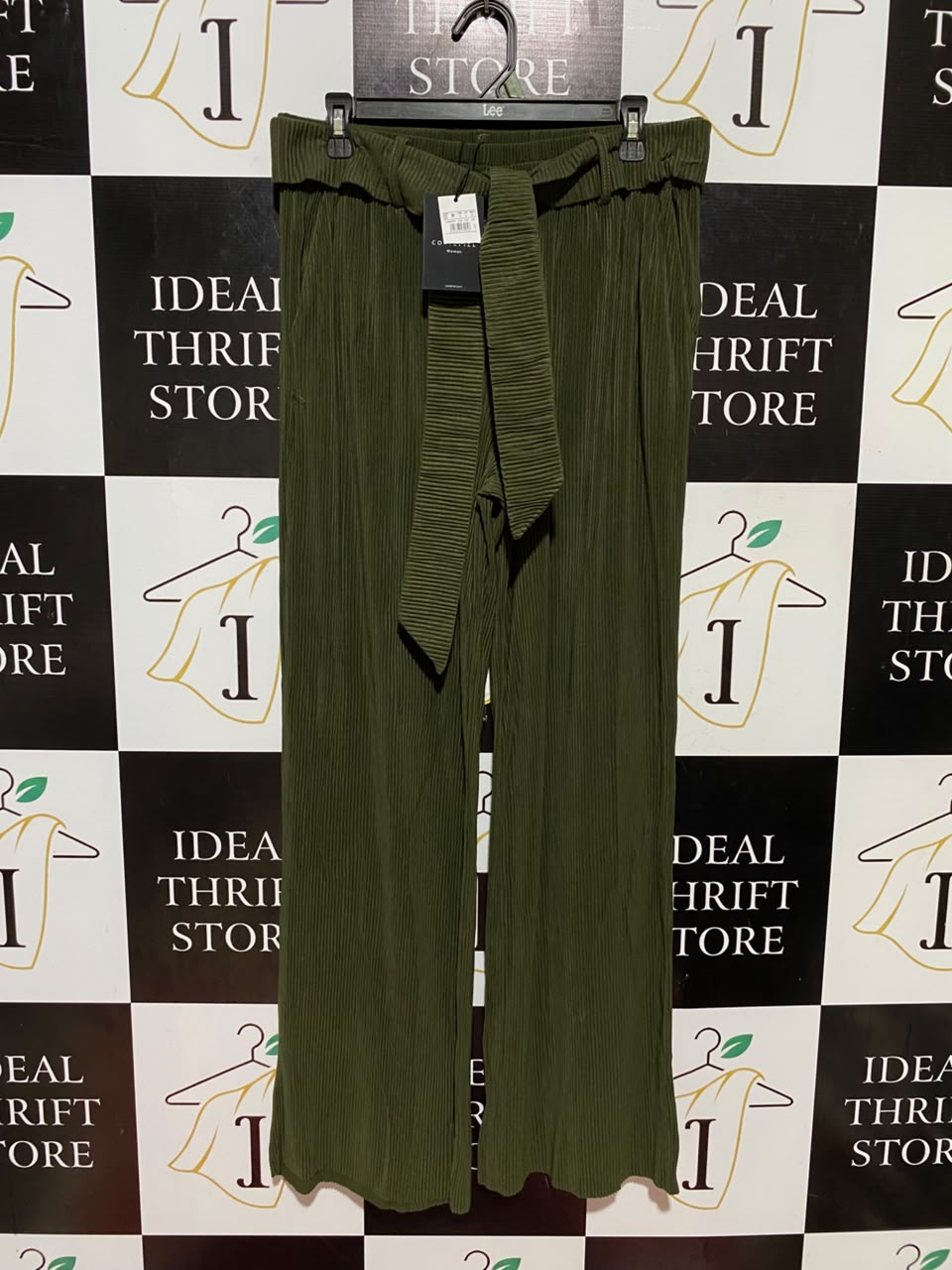 CORTEFIEI |L| WAIST 32| B46| OLIVE GREEN PLISSE PLEATED WIDE LEG TROUSERS PANTS WITH BELT