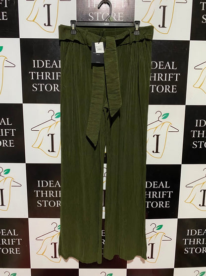 CORTEFIEI |L| WAIST 32| B46| OLIVE GREEN PLISSE PLEATED WIDE LEG TROUSERS PANTS WITH BELT