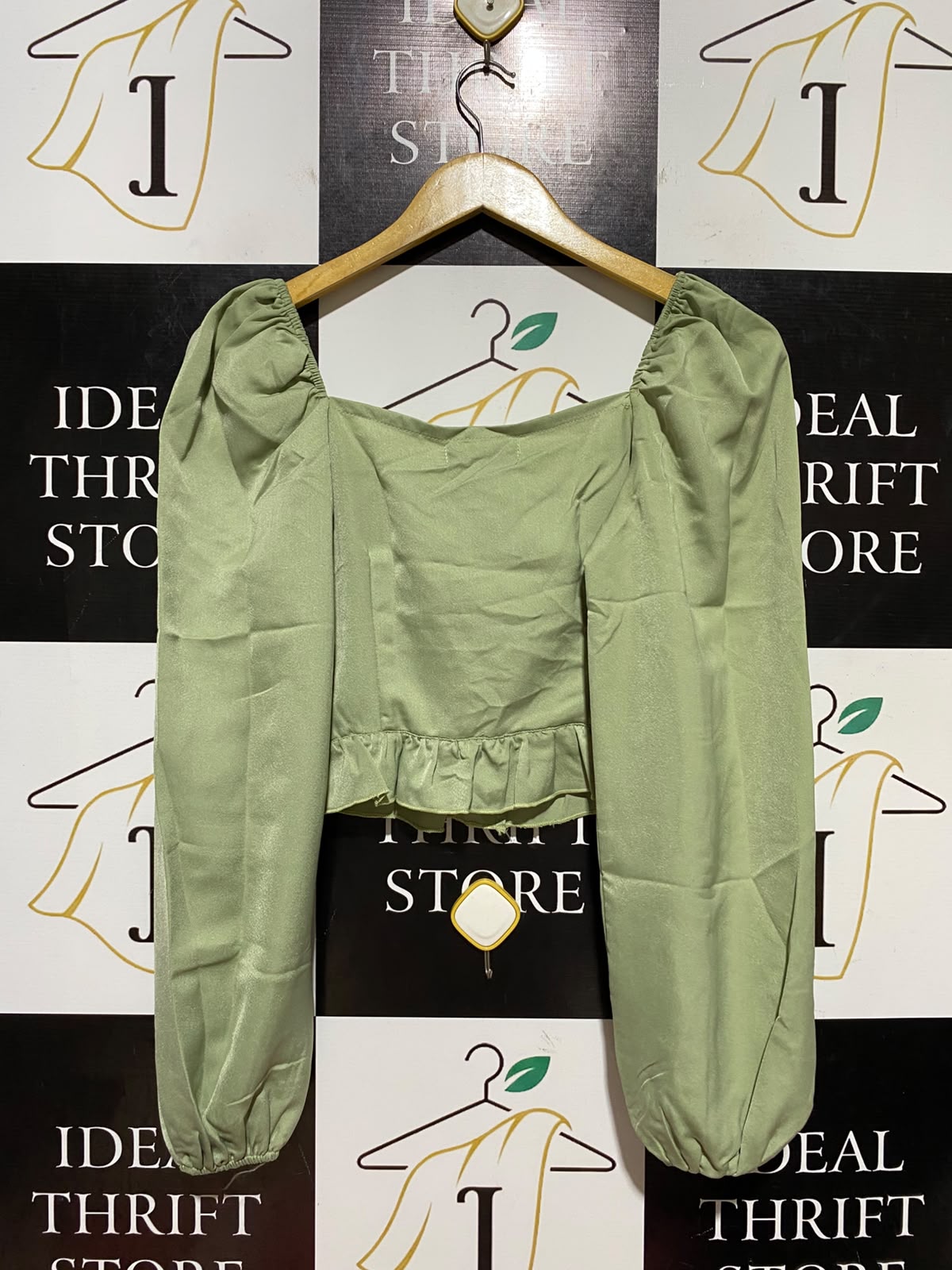 REBELLIOUS |S| BUST 16| B46| SAGE GREEN SATIN MILKMAID LONG SLEEVE CROP TOP