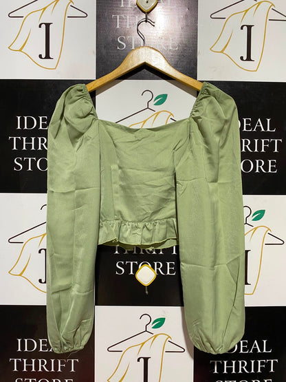 REBELLIOUS |S| BUST 16| B46| SAGE GREEN SATIN MILKMAID LONG SLEEVE CROP TOP
