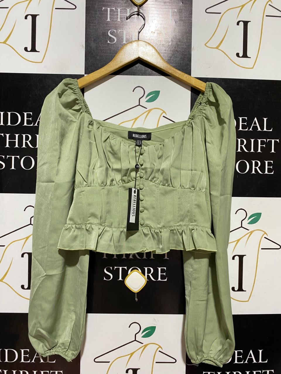 REBELLIOUS |S| BUST 16| B46| SAGE GREEN SATIN MILKMAID LONG SLEEVE CROP TOP
