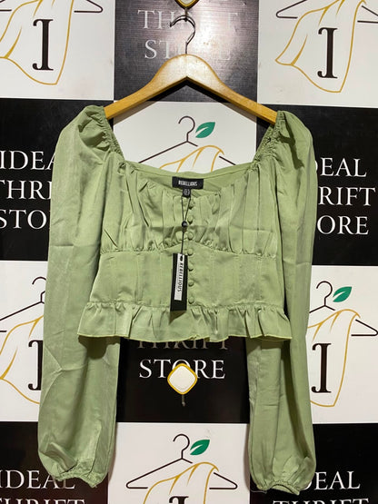 REBELLIOUS |S| BUST 16| B46| SAGE GREEN SATIN MILKMAID LONG SLEEVE CROP TOP