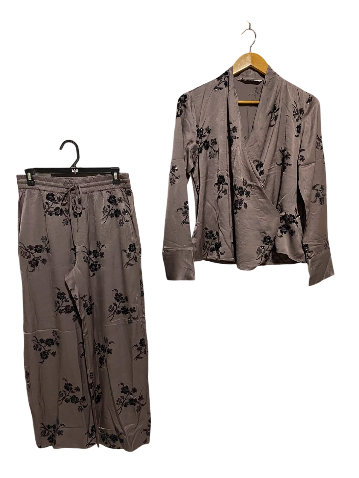 ZARA |S| B47| TAUPE GREY EMBROIDERED FLORAL WRAP TOP & DRAWSTRING WIDE-LEG PANTS SET