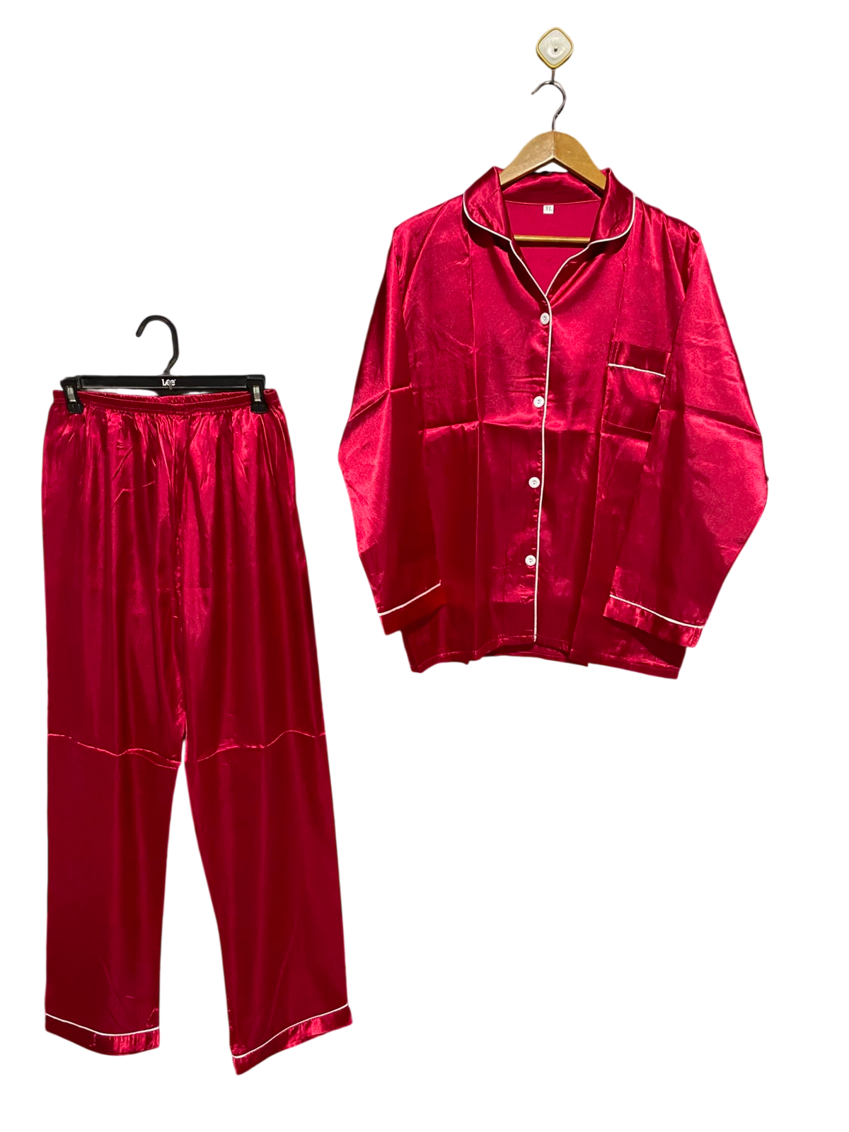 |XL| B47| SILKY RED BUTTON-DOWN LONG SLEEVE TOP & MATCHING PANTS SLEEPWEAR