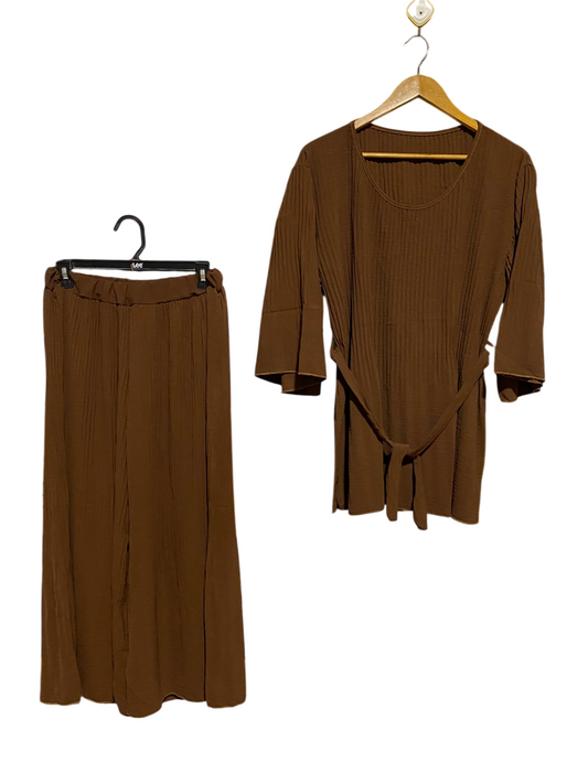 |XS| B47| BROWN RIBBED CRINKLE TUNIC TOP WITH WAIST TIE & WIDE-LEG PANTS SUIT