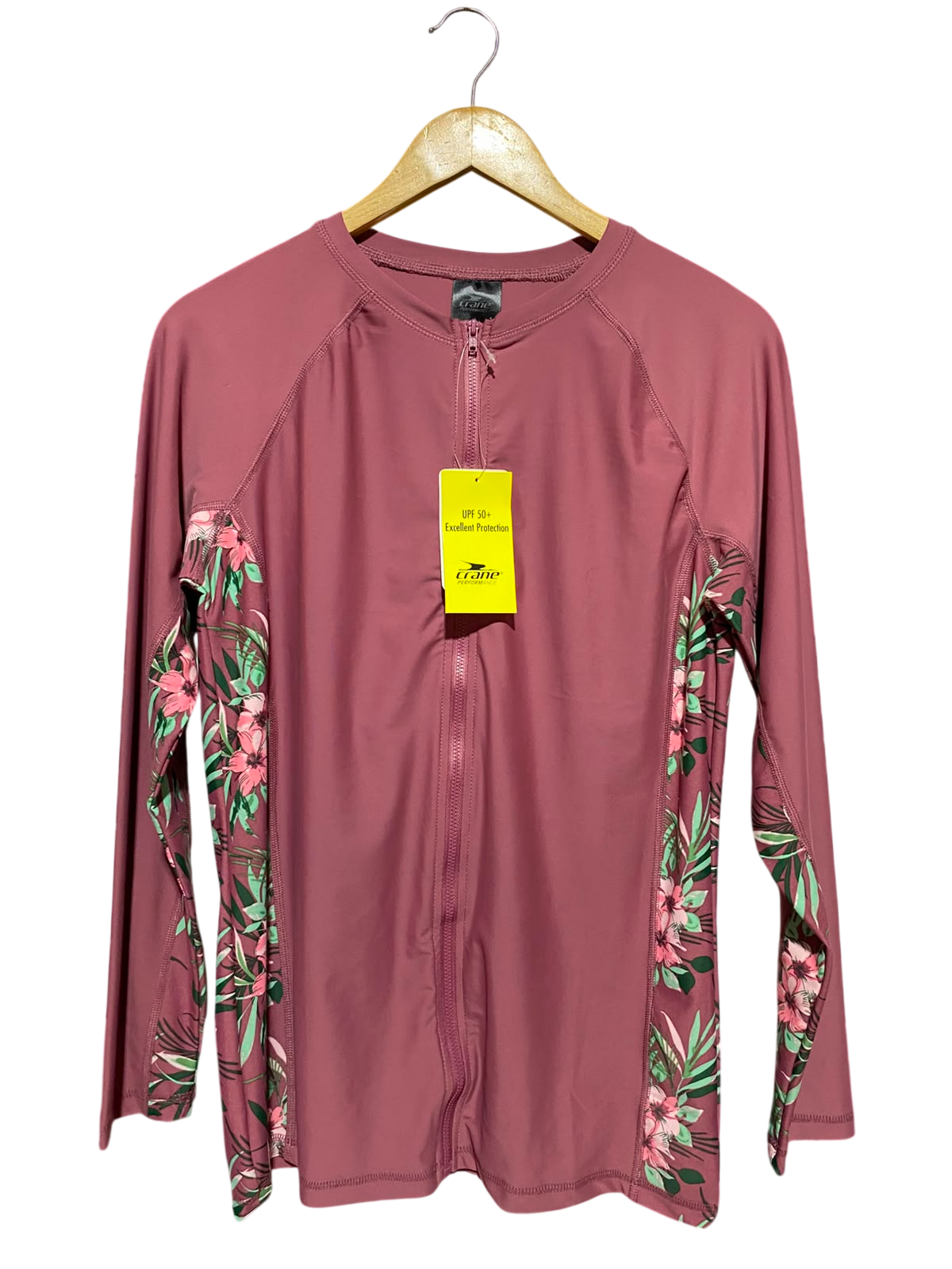 CRANE |L| BUST 18| B47| LONG SLEEVE FULL ZIP RASH GUARD SWIM SHIRT UPF 50+ FLORAL DUSTY ROSE