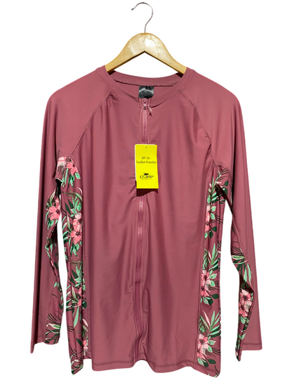 CRANE |L| BUST 18| B47| LONG SLEEVE FULL ZIP RASH GUARD SWIM SHIRT UPF 50+ FLORAL DUSTY ROSE