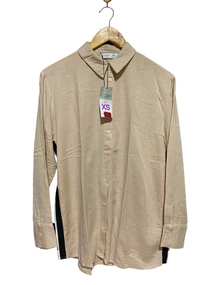 PRIMARK CARES |L| BUST 22| B47| BEIGE LINEN-BLEND SIDE-STRIPE SHIRT
