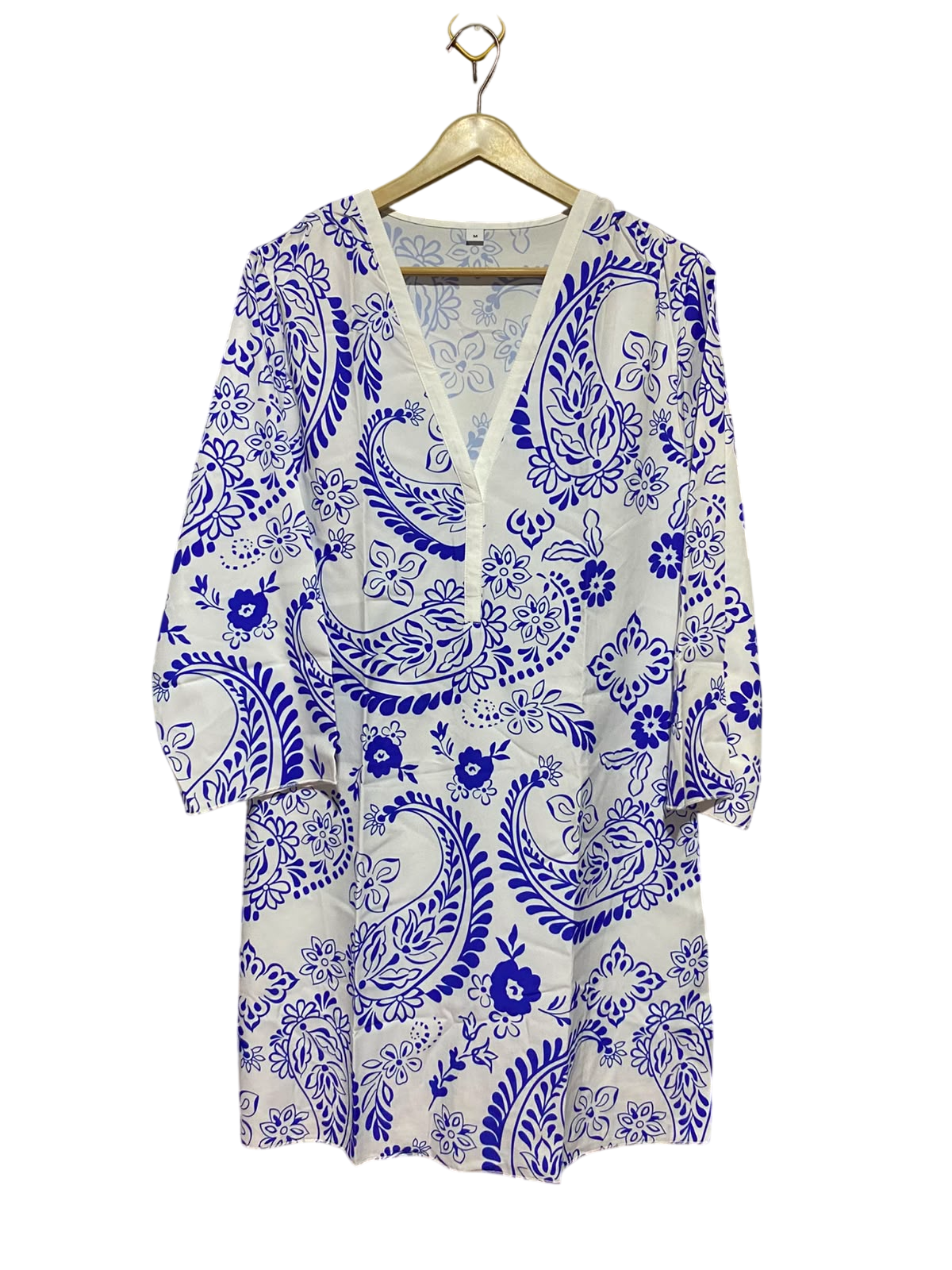 |M| BUST 19| B48| WHITE AND BLUE PAISLEY PRINT TUNIC KAFTAN DRESS