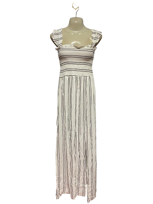 NEW LOOK |XS| BUST 12| B48| WHITE STRIPED SMOCKED MAXI DRESS WITH FLUTTER STRAPS
