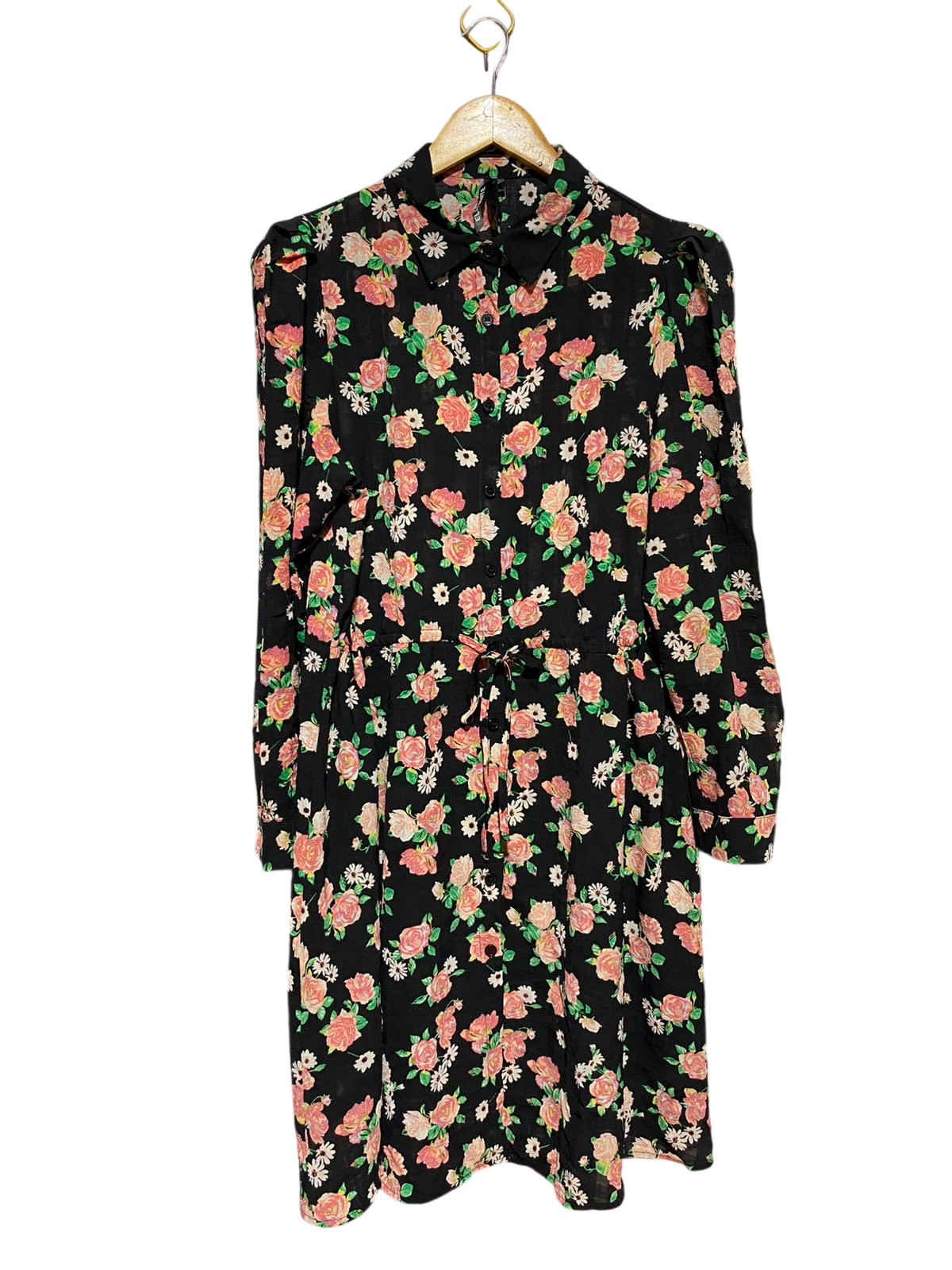 ELLI WHITE |L| BUST 21| B48| BLACK FLORAL BUTTON-DOWN MIDI SHIRT DRESS WITH TIE WAIST