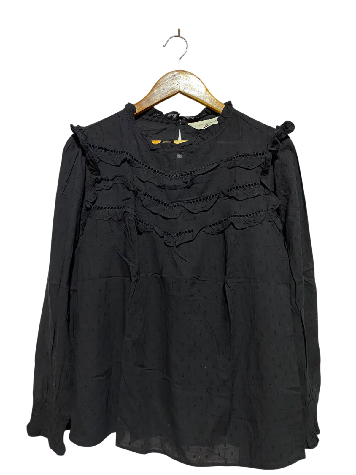 F&F |M| BUST 19| B48| BLACK DOBBY SWISS DOT RUFFLED BLOUSE WITH EYELET