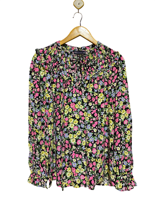 M&S |L| BUST 22| B48| BLACK MULTI SMOCKED FLORAL PEASANT BLOUSE