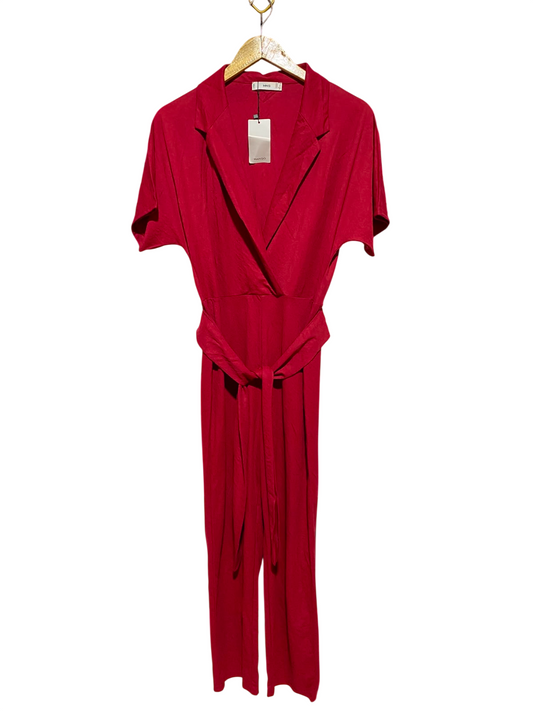 MANGO |XS| BUST FREE| B48| SLEEK CHERRY RED BELTED LAPEL JUMPSUIT