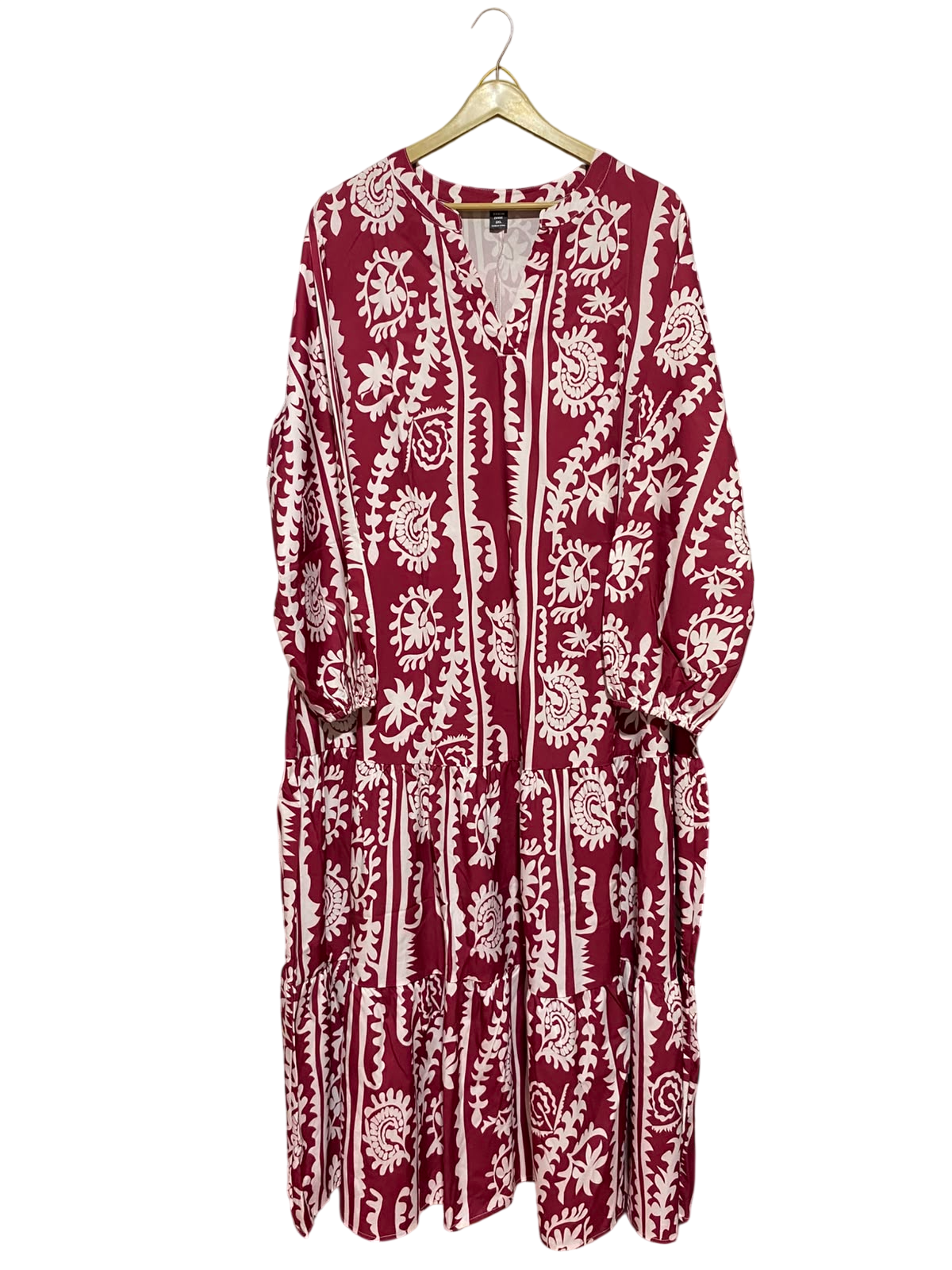SHEIN CURVE |XL| BUST 23| B48| BERRY RED AND WHITE DAMASK TIERED MAXI DRESS