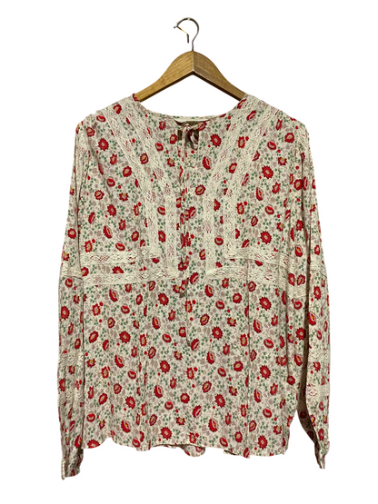 PERUNA |L| BUST 24| B48| BOHEMIAN CREAM FLORAL BLOUSE WITH CROCHET LACE TRIM AND TIE NECK
