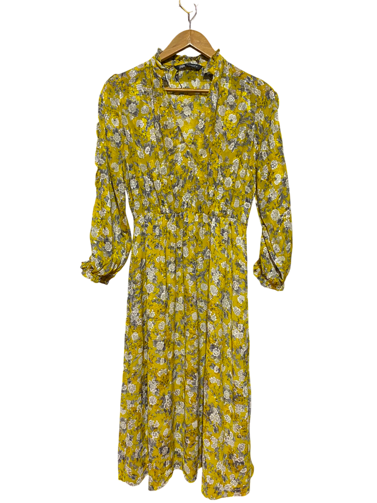 ZARA |S| BUST 19| B48| MUSTARD YELLOW FLORAL V-NECK MIDI DRESS WITH RUFFLED COLLAR