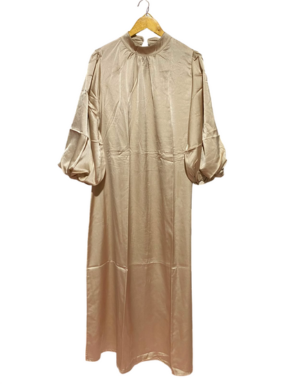 |L| BUST 19| B48| ELEGANT CHAMPAGNE SATIN MOCK-NECK BALLOON SLEEVE MIDI DRESS