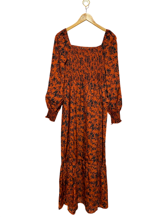 SHEIN CURVE |XL| BUST 15| B48| CHIC BURNT ORANGE AND BLACK FLORAL SMOCKED MAXI DRESS