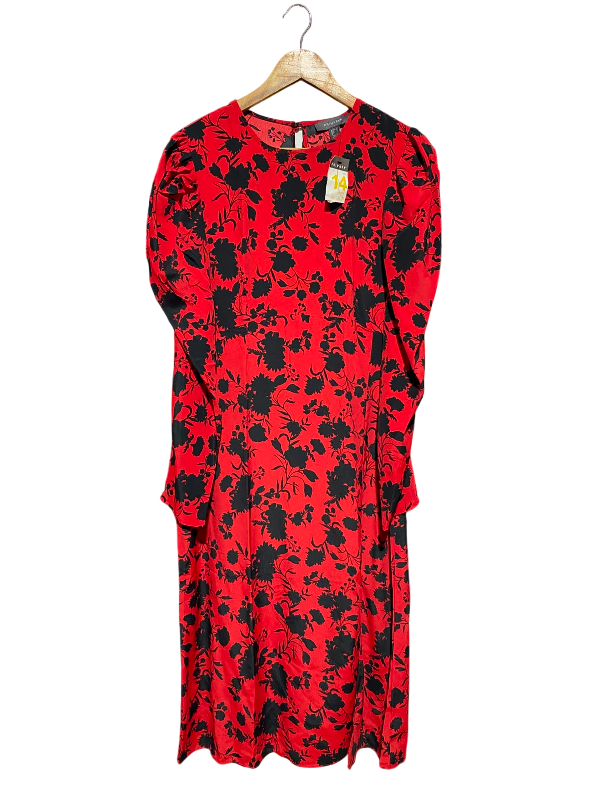 PRIMARK |M| WAIST 18| B48| RED AND BLACK FLORAL PUFF SLEEVE MIDI DRESS
