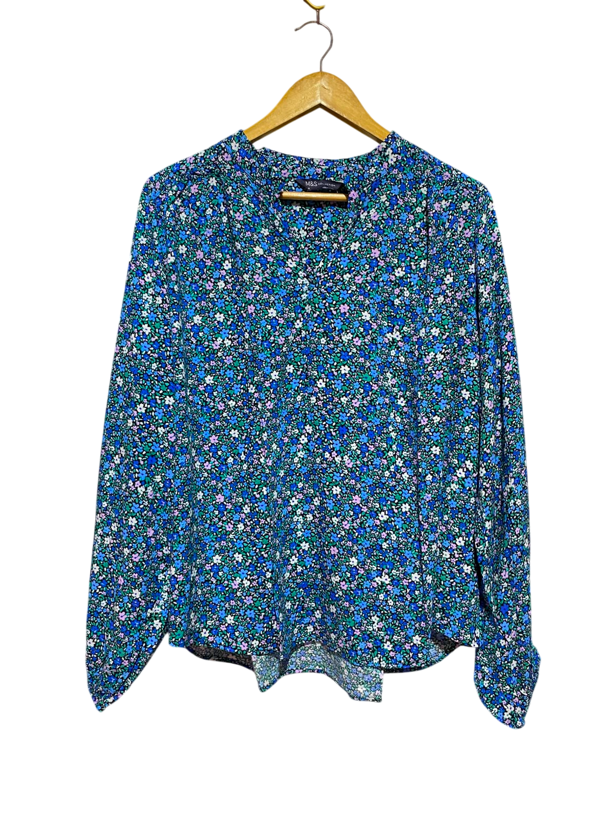 M&S |L| BUST 22| B48| BLUE DITSY FLORAL V-NECK LONG SLEEVE BLOUSE