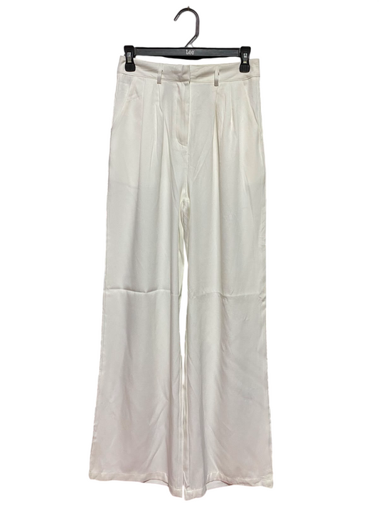 |S| WAIST 26| B48| ELEGANT OFF-WHITE PLEATED WIDE-LEG SILK-LOOK TROUSERS