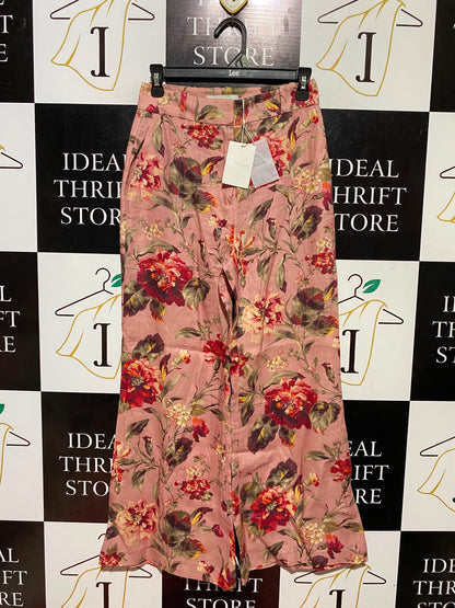 ZIMMERMANN |S| WAIST 26| B48| FLORAL PRINT WIDE-LEG LINEN PANTS IN DUSTY ROSE MULTI