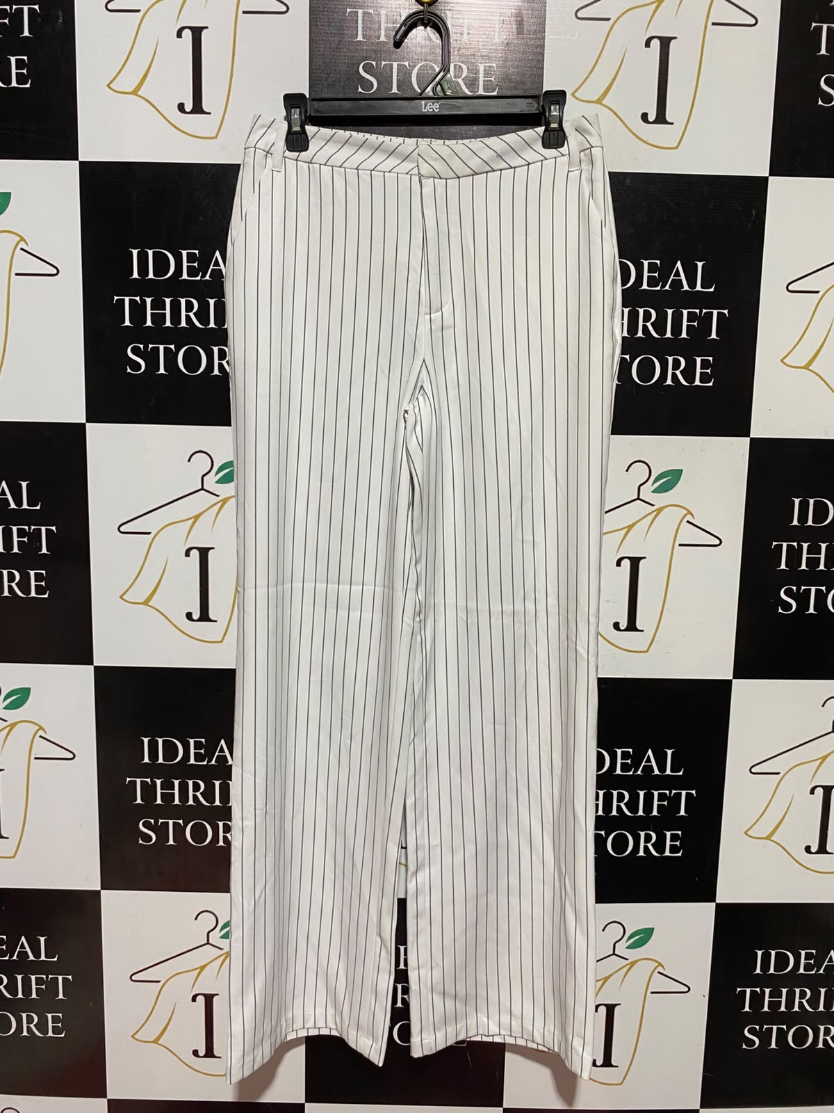 SUPRE |L| WAIST 30| B48| CHIC WHITE AND BLACK PINSTRIPE WIDE-LEG TAILORED TROUSERS