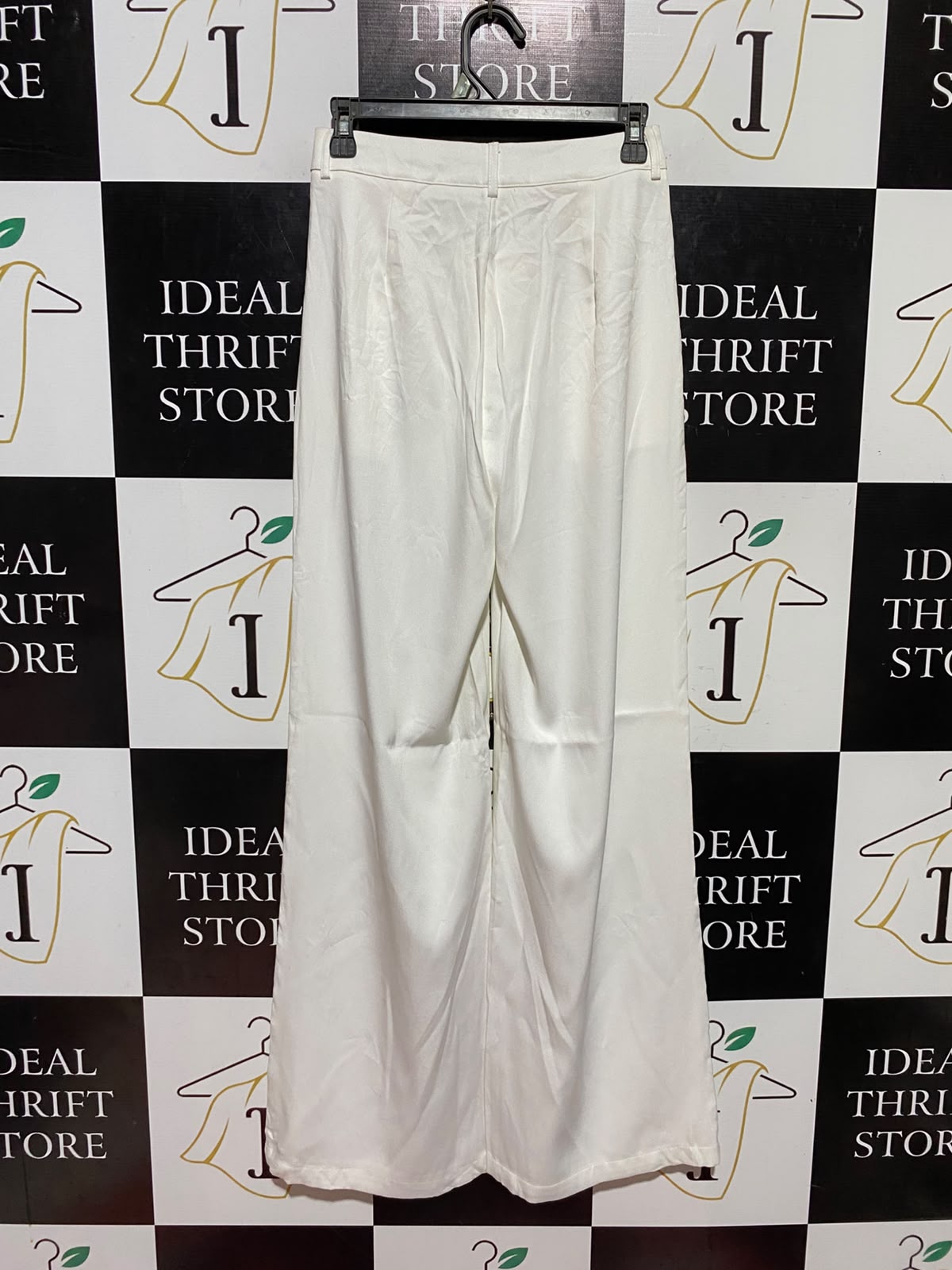 |S| WAIST 26| B48| ELEGANT OFF-WHITE PLEATED WIDE-LEG SILK-LOOK TROUSERS